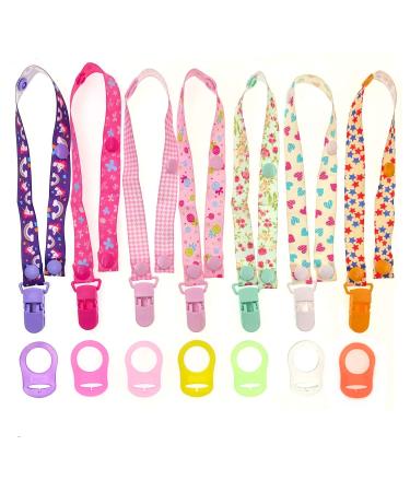 JZK 7 x Multicolor Silicone Baby Dummy Clip Ring for Girls + 7 x Pacifier Clip Dummy Holder Straps for Girls Suitable for Baby mam soothers girl's
