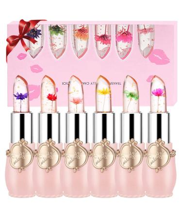 SuperThinker Crystal Jelly Flower Lipstick - Moisturizer Clear Lip Gloss Balm Color Changing with Temperature Mood Lipstick include Benefit Vitamin - Pack of 6 (Pink)