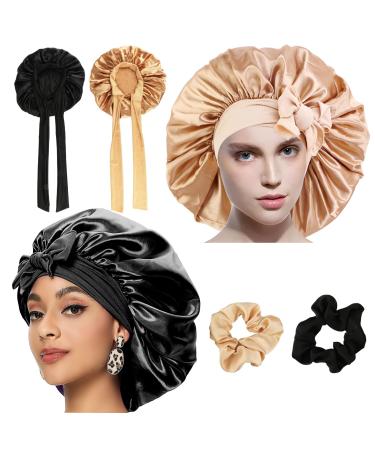 2 pieces of silk hood for sleeping Silk Bonnet with 2 hair ties sleeping hat Bonnet Sleep Cap adjustable sleeping hood silk wide satin hair hood for the night for women girls (black gold) - Buy Online on GoSupps.com