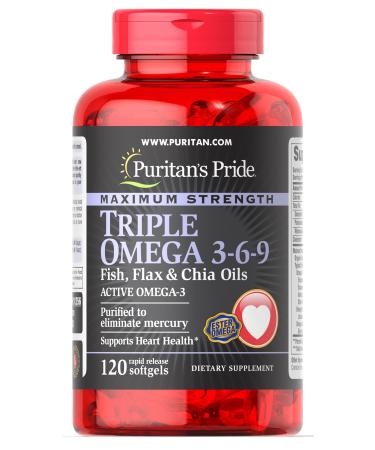 Puritan's Pride Maximum Strength Triple Omega 3-6-9 Fish Flax & Chia Oils-120 Softgels