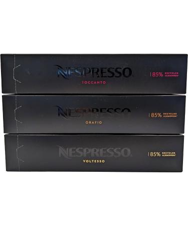Nespresso Vertuo Coffee Capsules Espresso Selection - Orafio Toccanto Voltesso - 3 Boxes (30 Pods) Bundled with Border Biscuits & Giftable Tote Bag - Buy Online on GoSupps.com