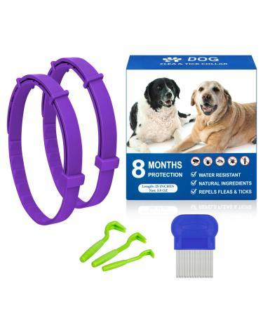 Flea Collar for Dogs 2-Pack Purple, Prevention, Control, and Treatment of Fleas and Ticks, 8 Months Protection, Adjustable Fits Both Dogs & Puppies, Free Comb, 25 Inch