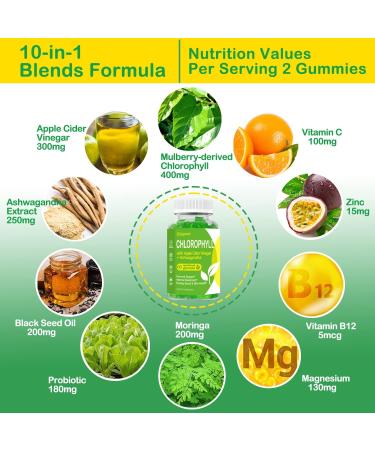 Organic Chlorophyll Gummies with Ashwagandha, Black Seed Oil, Apple Cider Vinegar, Moringa, Probiotic - 2 Pack for Body Odor, Natural Deodorant, Energy, Digestion, Skin & Hair - 120 Ct - Buy Online on GoSupps.com