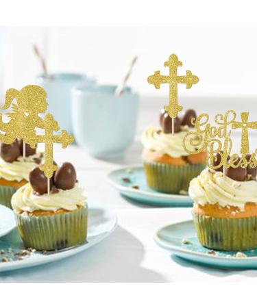 Rsstarxi 24 Pack God Bless and Cross Cupcake Toppers Glitter Angel Christening Babyshower Girl Baptism Cupcake Picks Decorations for First Communion Baptism Party Cake Decorations Gold - Buy Online on GoSupps.com
