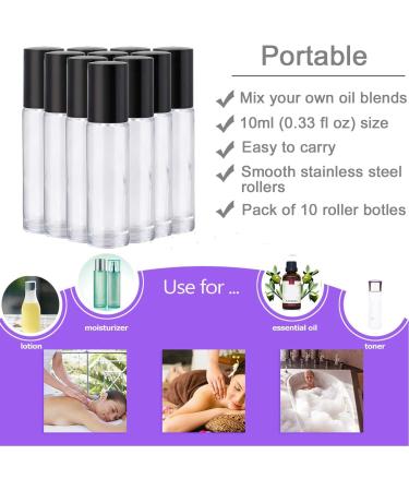 YALBDOPO 10ml Roller Bottles for Essential Oils | Refillable Transparent Glass with Black Lid | Includes 12 Labels Pipette & Opener - Ideal for Fragrance - Buy Online on GoSupps.com