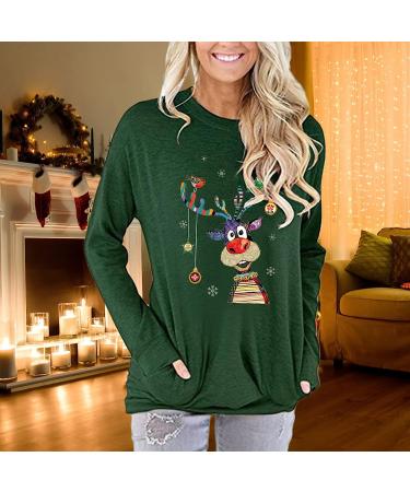 Christmas Elk Print Long Sleeve Women's Sweatshirt Hoodie with Pockets - Medium Army Green - Buy Online on GoSupps.com