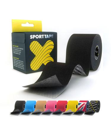 SPORTTAPE Extra Sticky Kinesiology Tape 5cm x 5m - Black | Hypoallergenic Waterproof K Tape | Physio Medical Sports Tape for Muscle Injury Support | Uncut - Single Roll