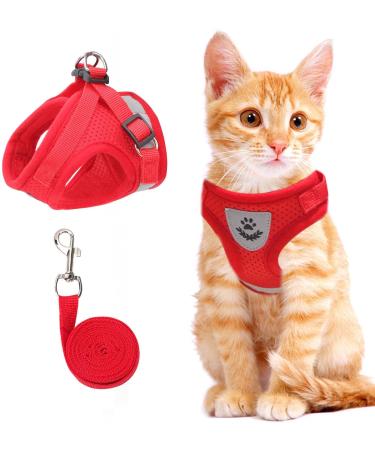 Cat Vest Harness and Small Dog Vest Harness for Walking, All Weather Mesh Harness, Cat Vest Harness with Reflective Strap, Step in Adjustable Harness for Small Cats Red X-Small (Chest: 8"-9")
