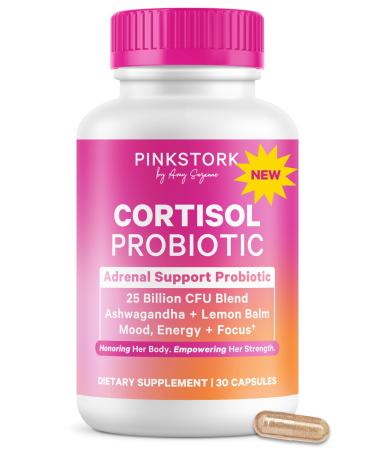 Pink Stork Cortisol Probiotic for Women Mood and Adrenal Support Supplement Ashwagandha Lemon Balm Chamomile 25 Billion CFU Gut Health Energy Focus Lower Cortisol 30 Capsules