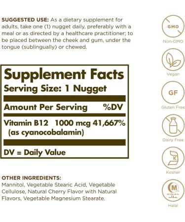 Solgar Vitamin B12 1000 mcg - Energy & Nervous System Support - 100 Nuggets - Buy Online on GoSupps.com