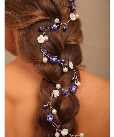 BERYUAN Women Girls Flower Pearls Wedding Hair Vine Blue Rhinestone Pearls Wedding Headpiece Silver Bridal Hair Vine Silver Wedding Hair Accessories for Wedding Women and Girls - Buy Online on GoSupps.com