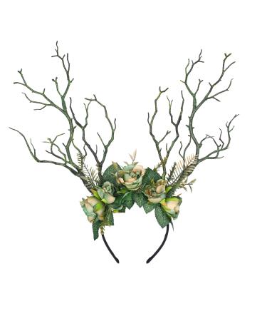 MOSTORY Handmade Green Branch Crown for Renfaire Woodland Flower Headband Forest Antler Headpiece Floral Twig Fairy Cosplay Costume Hair Accessories for Women Womens Carnival Rave Party