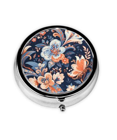 Abstract Art of Orchids Portable Metal Pill Box Round Mini 3-Compartment Plastic Insert hinged Fastening Design Suitable for Small Pills Must-Have for Travel Black