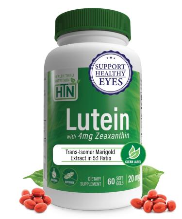 Lutein 20mg with Zeaxanthin 4mg 60 Softgels | Trans-Isomer Marigold Extract in Nature Identical 5:1 Ratio | Supports Healthy Eye Skin and Brain | Non-GMO Soy & Gluten Free | by Health Thru Nutrition 60 Softgels (Pack of 1)