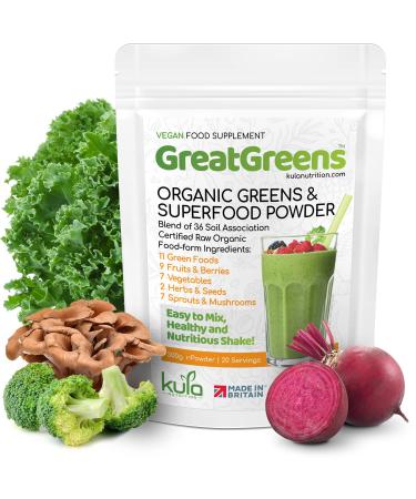 GreatGreens - Organic Greens & Superfood Powder - High Fibre Smoothie Drink - Green Food Fruits Vegetables Herbs Sprouts & Mushroom - Nutritious Raw Organic Greens Powder - 300g