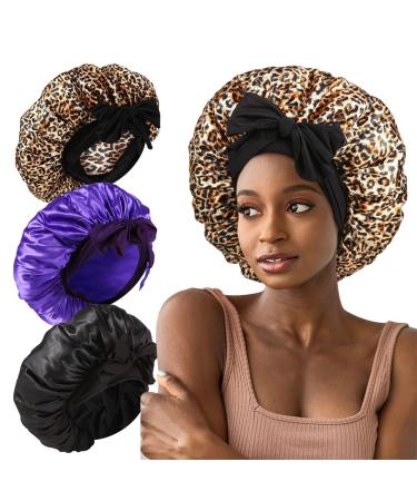 3Pcs Big Satin Bonnets Silk Bonnet for Sleeping Hair Wrap for Women Wide Band for Long Braid Curly Hair(Black Purple Leopard) A01