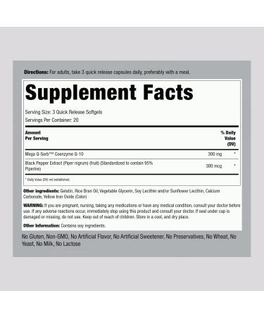 Piping Rock CoQ10 300mg Softgels - Enhanced Absorption Non-GMO Gluten Free | 60 Pills with Black Pepper | Coenzyme Q10 Supplement - Buy Online on GoSupps.com