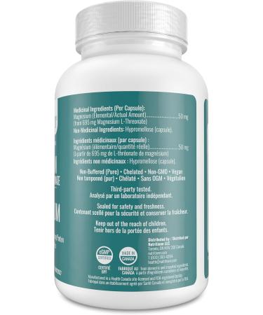 Magnesium L-Threonate Supplement - Pure High-Absorption Chelated Threonate - 124 Premium Capsules x 50 mg Elemental Magnesium 200 mg Once Daily for Women and Men - Made in Canada by Nutritionn - Buy Online on GoSupps.com