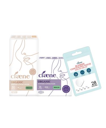 Claene Organic Cotton Cover Regular Pads & Liners & Acne Patches Cruelty-Free Menstrual Regular Pads for Women Thin Panty Liners Vegan Skin Treatment Facial Stickers Absorbing Cover