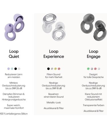 Loop Quiet Earplugs for Sleeping - Soft Reusable Silicone Hearing Protection with 8 Attachments (XS/M/L) - SNR 24DB & NRR 14 - Perfect for Travel & Concentration - Violet - Buy Online on GoSupps.com
