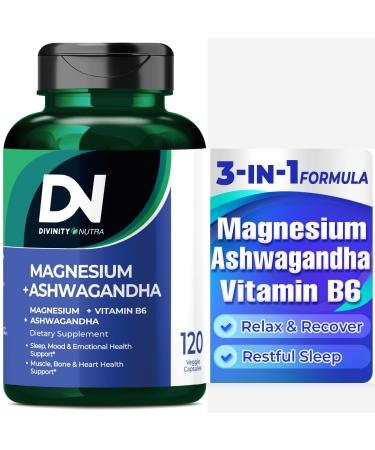 Divinity Nutra Magnesium Ashwagandha Supplement, Calming Magnesium Glycinate & Malate Vitamin B6 for Muscles Bone Health Support Muscle Recovery, Calm & Relaxation 468mg 120 ct (2 Month Supply)