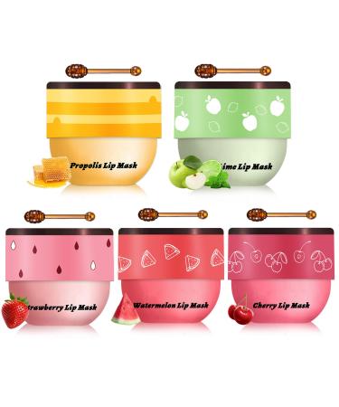 5PCS Bee Lip Balm Honey Pot Honey Watermelon Cherry Apple Strawberry Lip Balm Moisturizing Sleeping Lip Mask Reduces Lip Lines Prevention Dry and Cracked Honey Strawberry Cherry Apple Watermelon