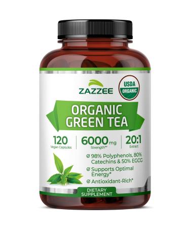 Zazzee USDA Organic Green Tea 20:1 Extract 6000 mg Strength 50% EGCG 98% Polyphenols and 80% Catcehins 120 Vegan Capsules 4 Month Supply Standardized and Concentrated 20X Potency Non-GMO