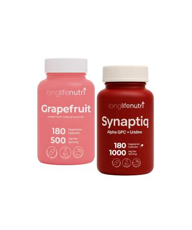 LongLifeNutri Grapefruit Seed Extract 500 mg + Synaptiq (Alpha GPC + Uridine Monophosphate 1000 mg) Bundle - 180 + 180 Capsules Focus & Productivity Energy & Balance GMP Certified Made in USA
