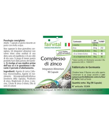 Fairvital Zinc Complex 25mg 90 Capsules Zinc Picolinate Zinc Citrate and Zinc Bisglycinate high dose vegan Made in Germany fairvital - Buy Online on GoSupps.com