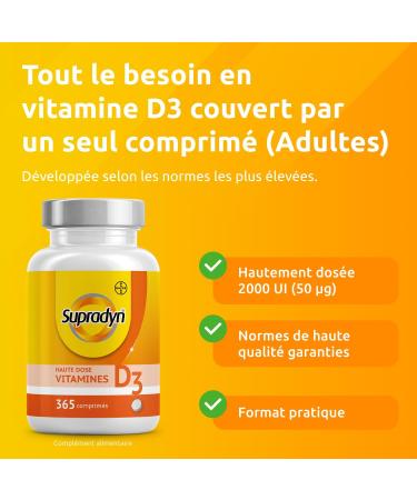 Supradyn Vitamine D Comprim s 2000 UI Haute Dose (50 g) - Compl ment alimentaire de Vitamine D3 pour le soutien du syst me immunitaire et la sant osseuse* - 365 comprim s - 1 an d'approvisionnement - Buy Online on GoSupps.com