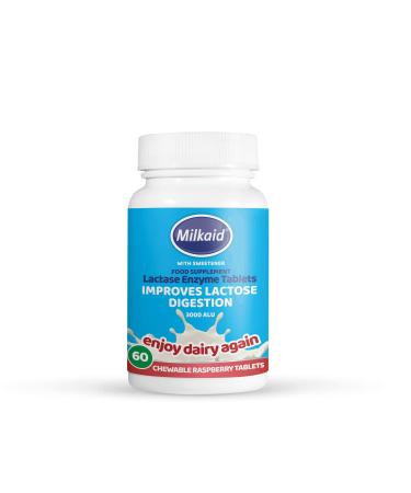 Milkaid Lactase Enzyme Chewable Tablets for Lactose Intolerance Relief | Prevents Gas, Bloating & Diarrhea | Fast Acting Dairy Digestive Supplement | Raspberry Flavour| Gluten Free & Vegan | 60 ct