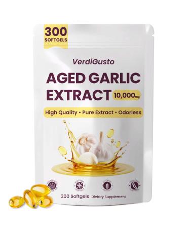 VerdiGusto 10000mg Aged Garlic Extract | 300 Softgels | Odorless Garlic Supplements | Antioxidant Support & Cognitive Function | Pure Allium Sativum 20:1 Extract | Non-GMO Gluten-Free