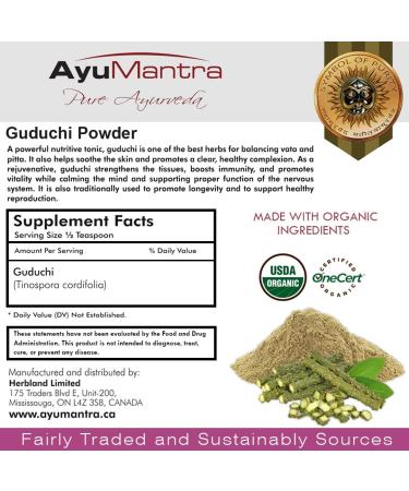 AyuMantra Organic Guduchi Powder (Tinospora cordifolia) - Also known as Giloy (4 Oz / 114 Gm) - Buy Online on GoSupps.com