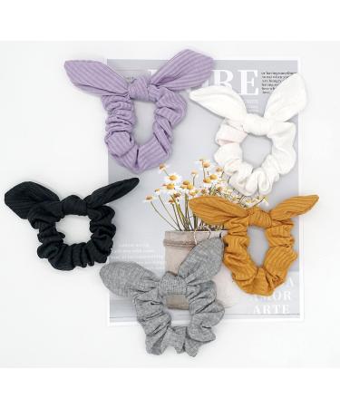 Bunny Ear Cotton Bow Scrunchies for Women & Girls - Set of 5 (Black, White, Grey, Purple, Yellow, Dark Green) - Buy Online on GoSupps.com