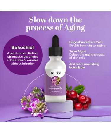 TruSkin Longevity Bakuchiol Serum | Rejuvenating Face Serum with Lingonberry Stem Cells & Snow Algae for Healthy Aging | 1 fl oz - Best Anti-Aging Skin Care - Buy Online on GoSupps.com