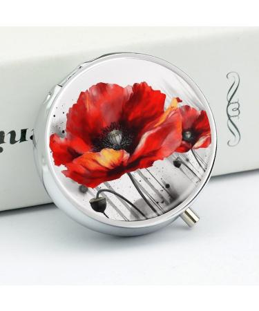 Round Poppy Flower Pill Box - 3 Compartment Portable Medicine Organizer | Decorative Metal Pocket Pill Case - Buy Online on GoSupps.com