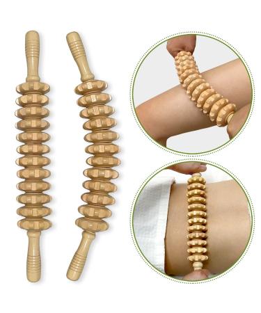 Deston 2pcs Wooden Therapy Massage Stick 12 Roller Tool for Maderoterapia, Lymphatic Drainage, Handheld Cellulite Trigger Point Manual Muscle Release Rolling Massager Stick, Curved + Straight Straight+Curved