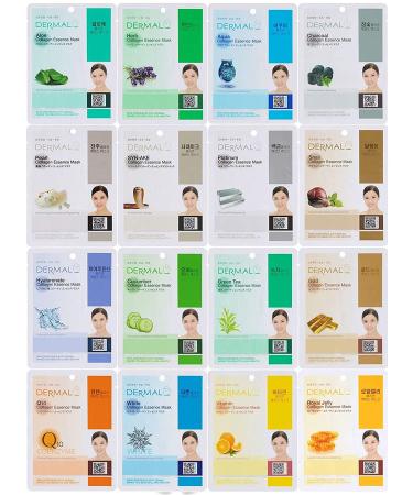 DERMAL 16 Combo Pack A Collagen Essence Full Face Facial Mask Sheet - Face Pack For Glowing Skin - Self Home Care Face Facial Mask Sheet - Korean facial Masks For Women and Men 16 Count (Pack of 1) Set A 16 Colors