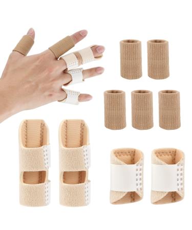 AIEX 4pcs Trigger Finger Splints and 5pcs Finger Sleeves, 2 Sizes Pain Relief Finger Stabilizer Brace Finger Straightener Immobilization Splint for Broken Sprained Swollen Fingers (Skin Color)