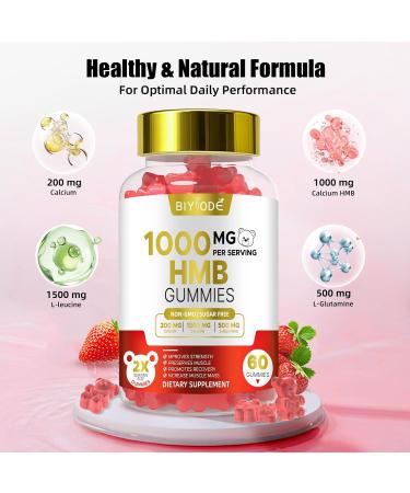BIYODE HMB Gummies for Women 1000mg HMB: 1500mg L-Leucine 500mg L-Glutamine Muscle & Bone Support with Calcium Sugar-Free Non-GMO Strawberry Flavor 60 Gummies - Buy Online on GoSupps.com