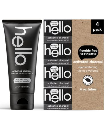 hello Activated Charcoal Epic Teeth Whitening Fluoride Free Toothpaste Fresh Mint and Coconut Oil Vegan SLS Free Gluten Free and Peroxide Free 4 Ounce (Pack of 4) 4 Pack