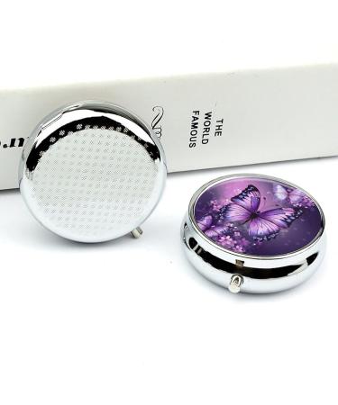 Beautiful Purple Butterfly Round Pill Box | 3 Compartment Portable Pill Organizer Decorative Metal Pocket Case for Medicine - Buy Online on GoSupps.com