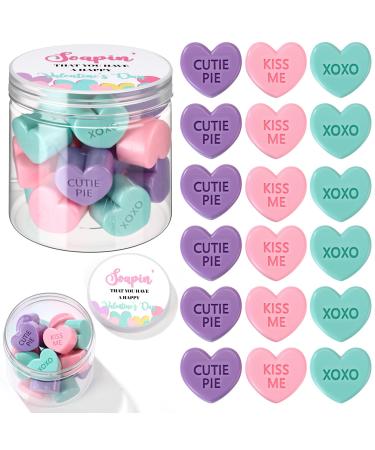 Loopeer 18 Pcs Valentine's Day Mini Heart Shaped Conversation Hand Soap Valentines Words Design Soaps in a Jar Valentines Gift Party Favors Handmade Soap for Party Favors(Pink Purple Green)