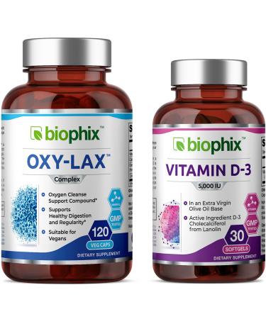 biophix Oxy-Lax 750 mg 120 Vcaps - Free Vitamin D-3 5000 IU 30 Softgels - Natural Magnesium Oxide Oxygen Based Colon Cleanse Gentle Laxative Supports Healthy Digestive Tract Regularity