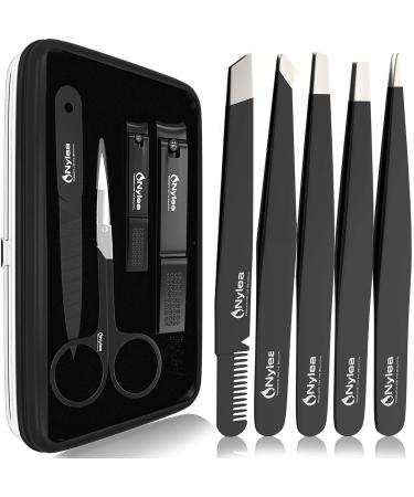 Nylea Tweezers Set and Nail Clippers for Men and Women - Stainless Steel for Eyebrows - Tweezer Kit for Ingrown Hair - Best Precision Slant Tip Facial Hair and Eyelashes - 9pcs