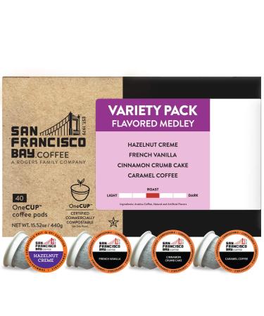 San Francisco Bay Coffee OneCUP Flavored Variety Pack 40 Ct Compostable Coffee Pods, K Cup Compatible including Keurig 2.0, 1 Count (Pack of 40) Variety Pack Flavored 40 Count (Pack of 1)