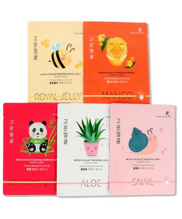 BeautyKei 5pcs Korean Face Mask Set - Aloe Vera Mask + Snail Jelly Essence Mask + Royal Jelly Essence + Mango Mask Sheet + Q10 Mask