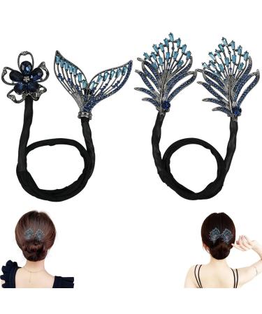 Rhinestone Flower Hair Clip Whale Tail Rhinestone Flower Hair Clip For Women Lazy Hair Curler Deft Bun Maker Elegant Lazy Hair Curler Bun Clips Ocean Blue Feather Hairpin (Size : Feather+Whale Ta 1 count (Pack of 1)