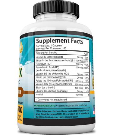 Vitamin B Complex with Vitamin C, Folic Acid - Nervous System Support, Energy Metabolism - 100 Veggie Capsules - Buy Online on GoSupps.com