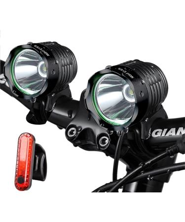 Night Eyes-2400 Lumens(1200LMx2) Mountain Bike Headlight Bike Light -Rechargeable 8.4V ABS Waterproof Battey Pack-Free USB BikeTaillight Bonus -NO Tool Required 2 Pack Black